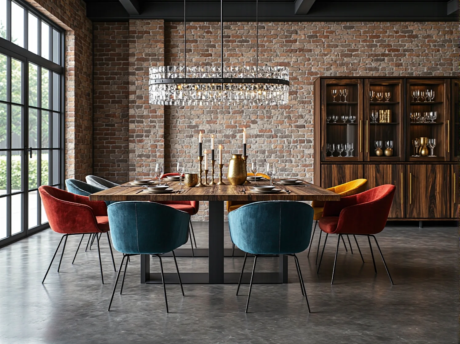 Stół jadalniany dębowy na metalowych nogach z kolorowymi krzesłami