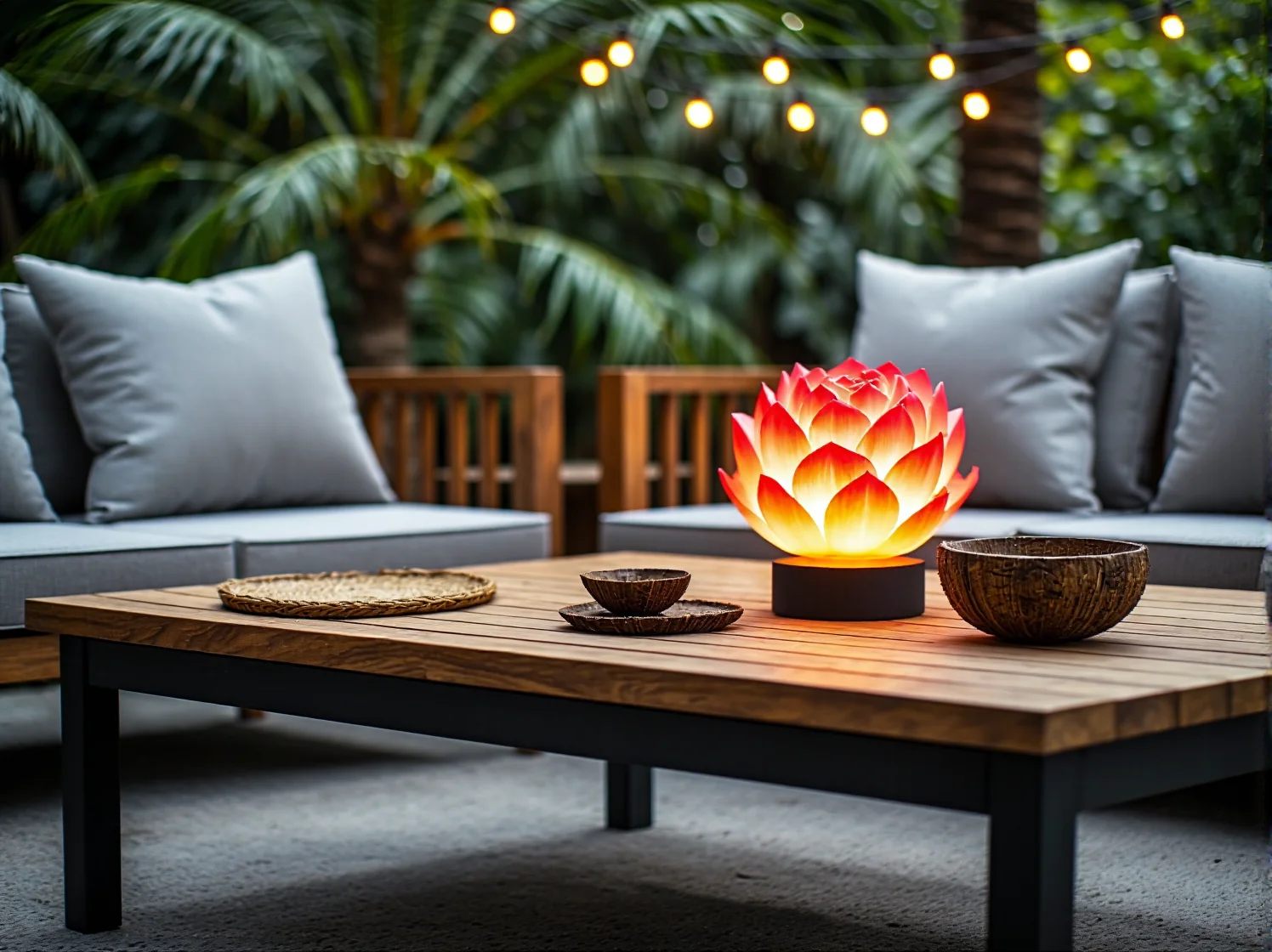 Kącik wypoczynkowy z rattanowym fotelem otoczony świecącymi lampami w kształcie orchidei.