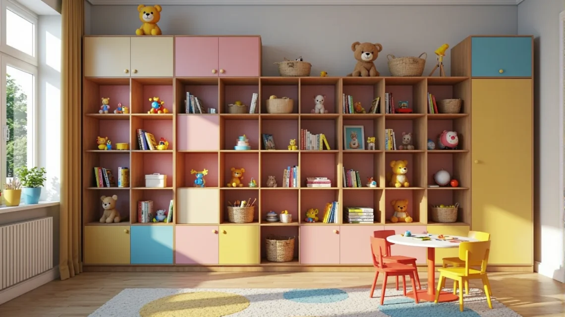 Meblościanka dziecięca z kolorowymi szafkami i półkami na zabawki