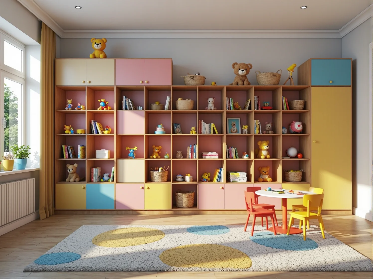 Meblościanka dziecięca z kolorowymi szafkami i półkami na zabawki