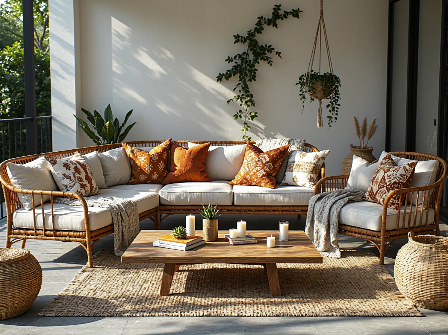 Oświetlenie lampionami i rośliny doniczkowe tworzące oazę na tarasie boho.