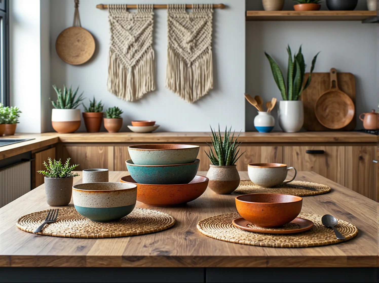 Aranżacja kuchni boho z drewnianymi półkami, makramą i roślinami doniczkowymi
