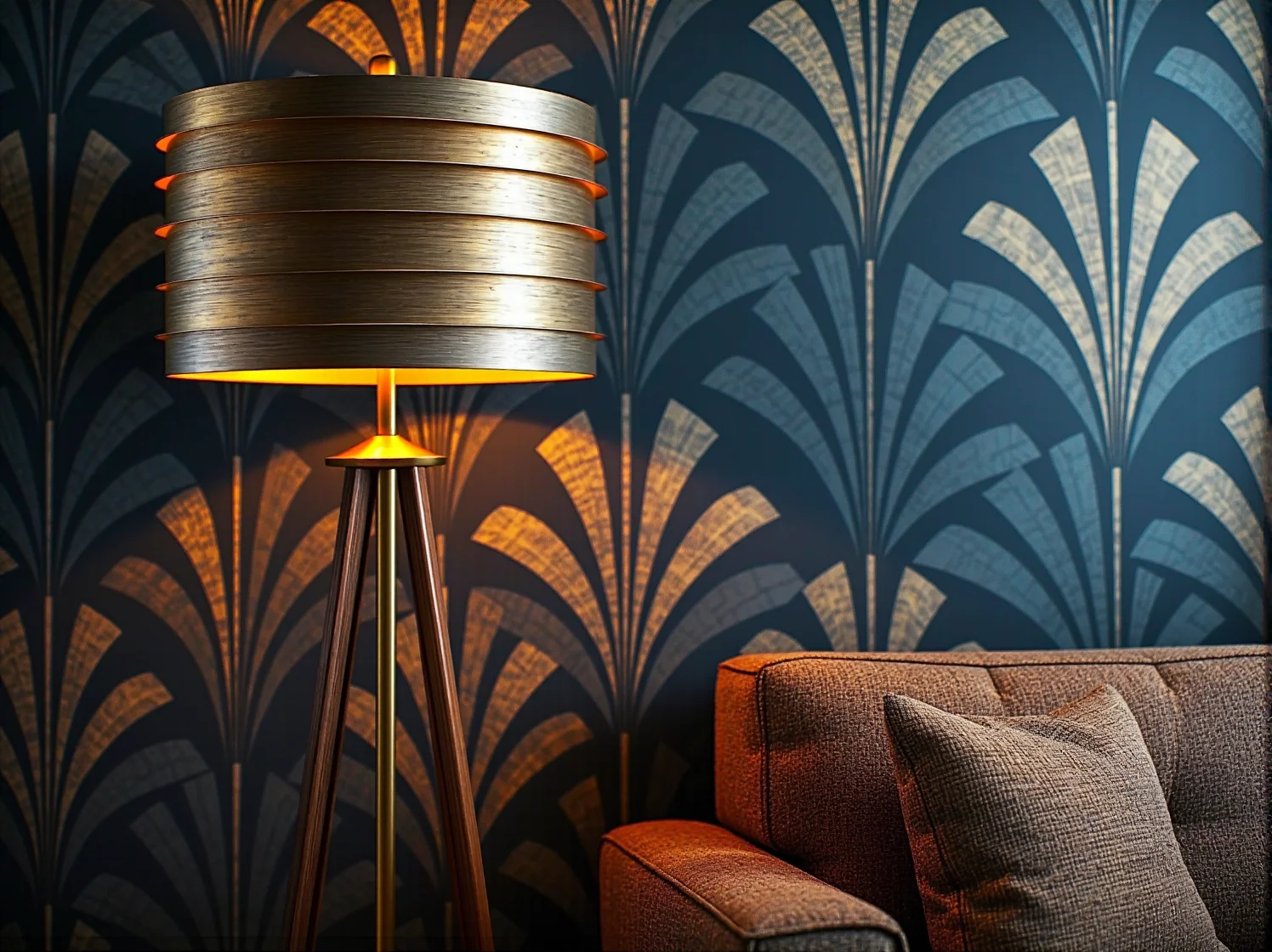 Kultowa lampa łukowa chromowana nad wygodnym fotelem w stylu lat 70.