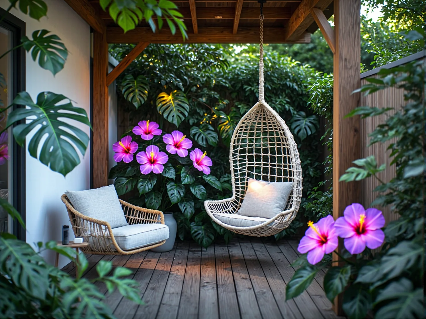 Zbliżenie na lampę solarną LED imitującą lilię świecącą wśród dużych liści monstery.