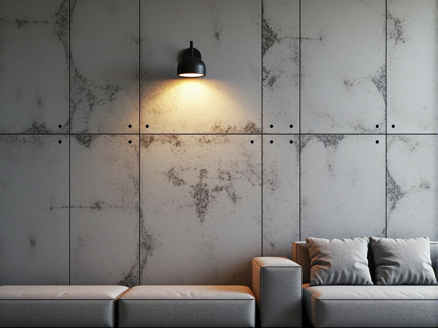 Ciepła barwa światła lampy elewacyjnej podkreślająca fakturę surowego betonu