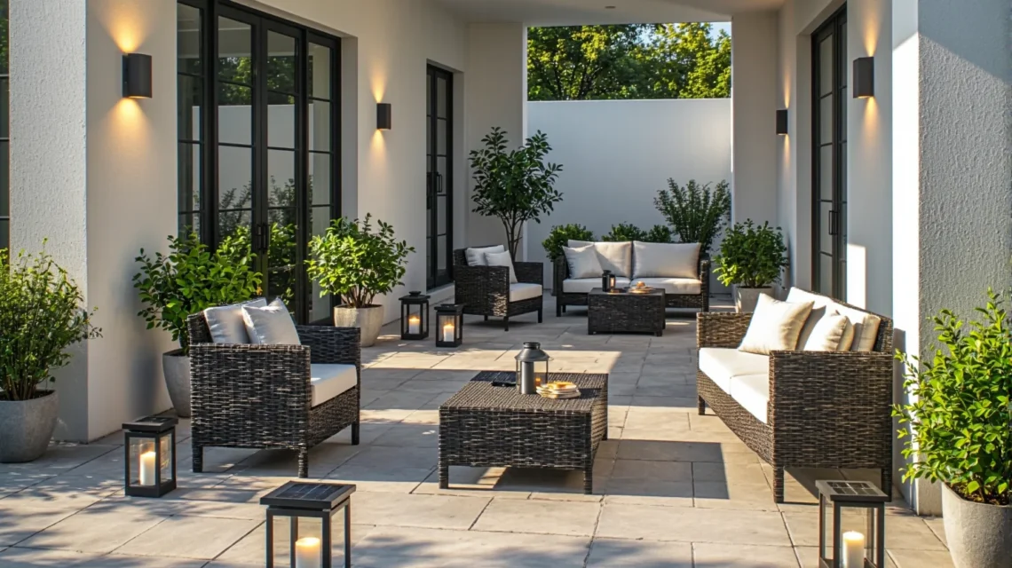 Czarne lampy solarne ogrodowe z metalową ramą i świecą LED