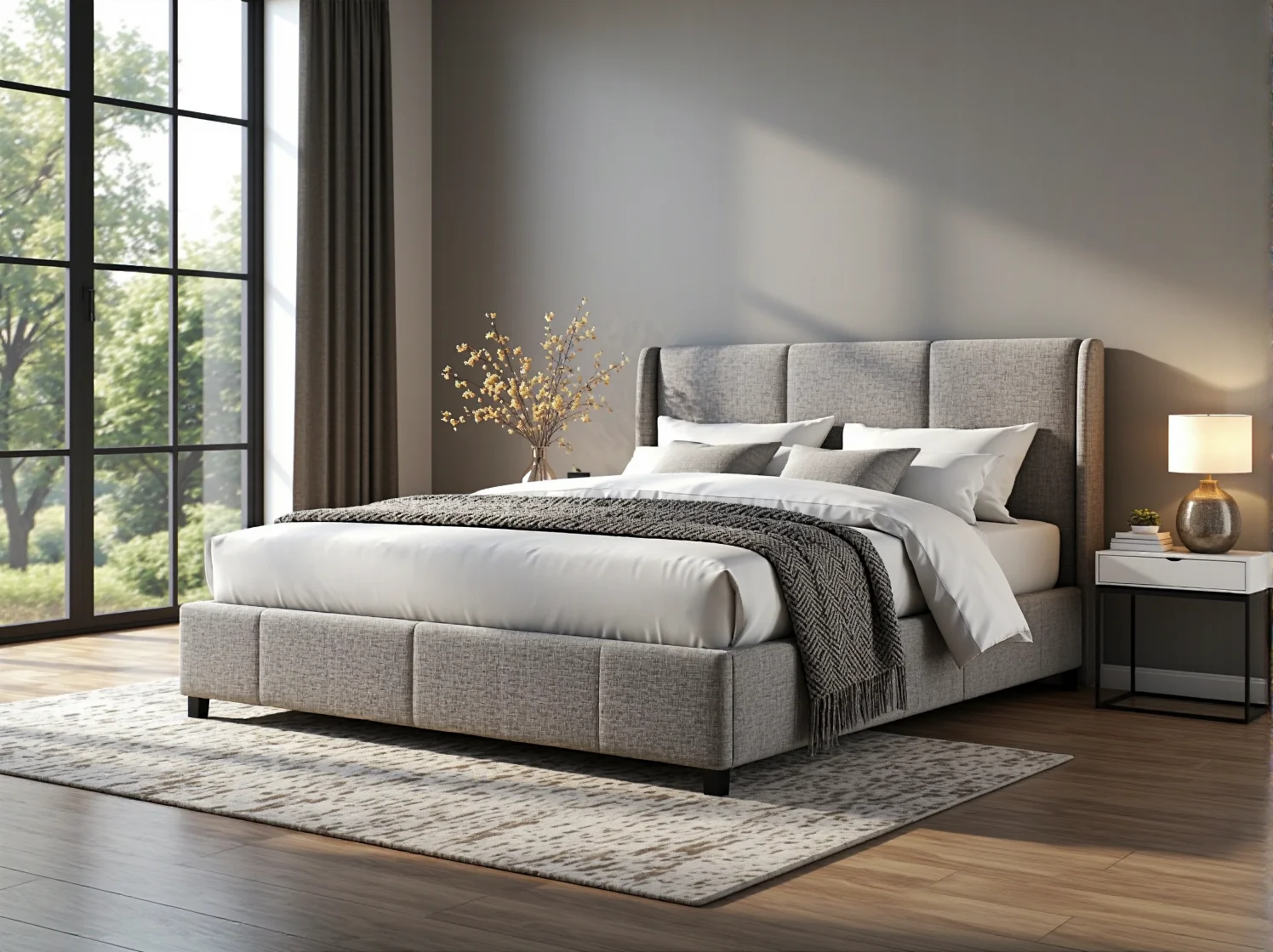 Tapicerowane łóżko kontynentalne szare z pikowanym zagłówkiem