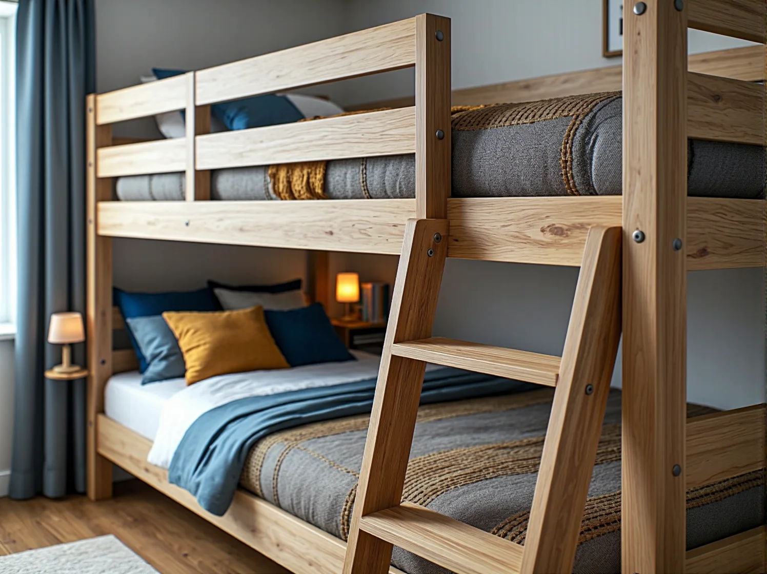 Funkcjonalne łóżko piętrowe z wbudowanym biurkiem i szufladami, oszczędzające miejsce w pokoju dla dzieci.