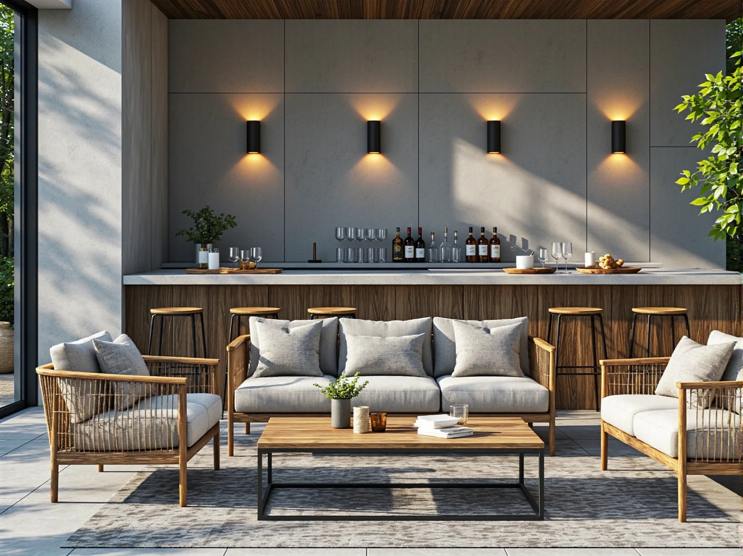 Wygodna sofa ogrodowa i stylowy stolik na tarasie glamour, w tle widać efektowne oświetlenie elewacyjne.