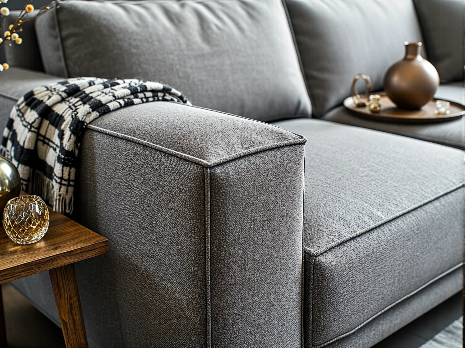 Welurowy narożnik z funkcją spania i połyskującymi poduszkami w jasnym wnętrzu