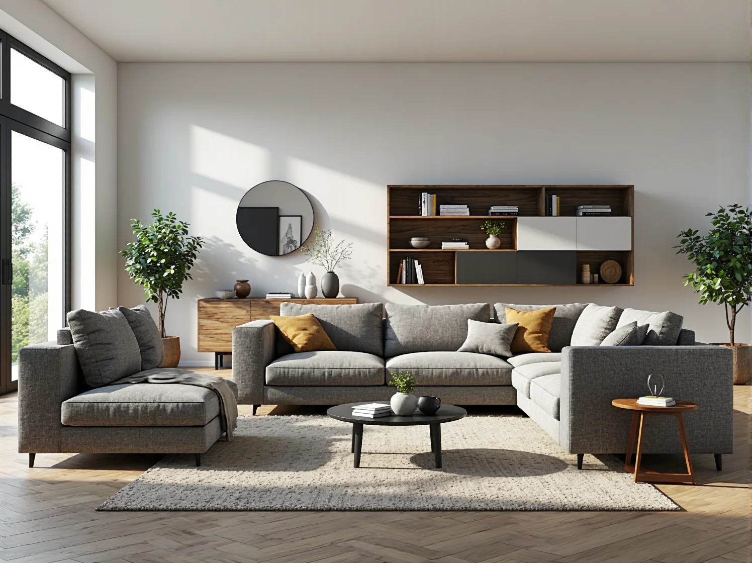 Mały narożnik uniwersalny ustawiony w rogu pokoju, pokazujący optymalne wymiary do małego mieszkania.