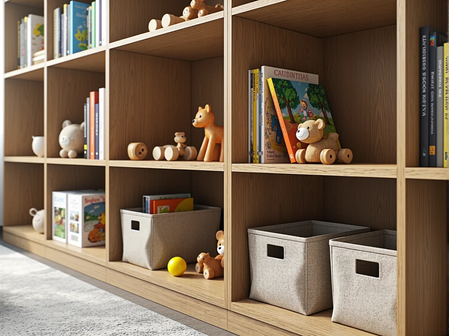 Zbliżenie na solidne półki regału dla dziecka wykonane z odpornej na zarysowania płyty laminowanej.