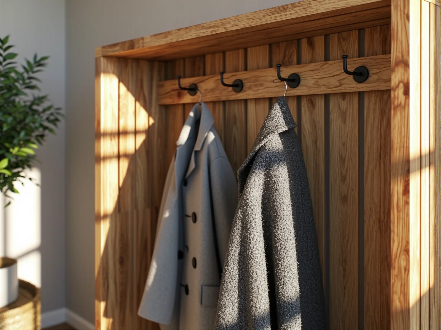 Drewniane listwy, wkręty i narzędzia przygotowane do montażu wieszaka na ścianę.