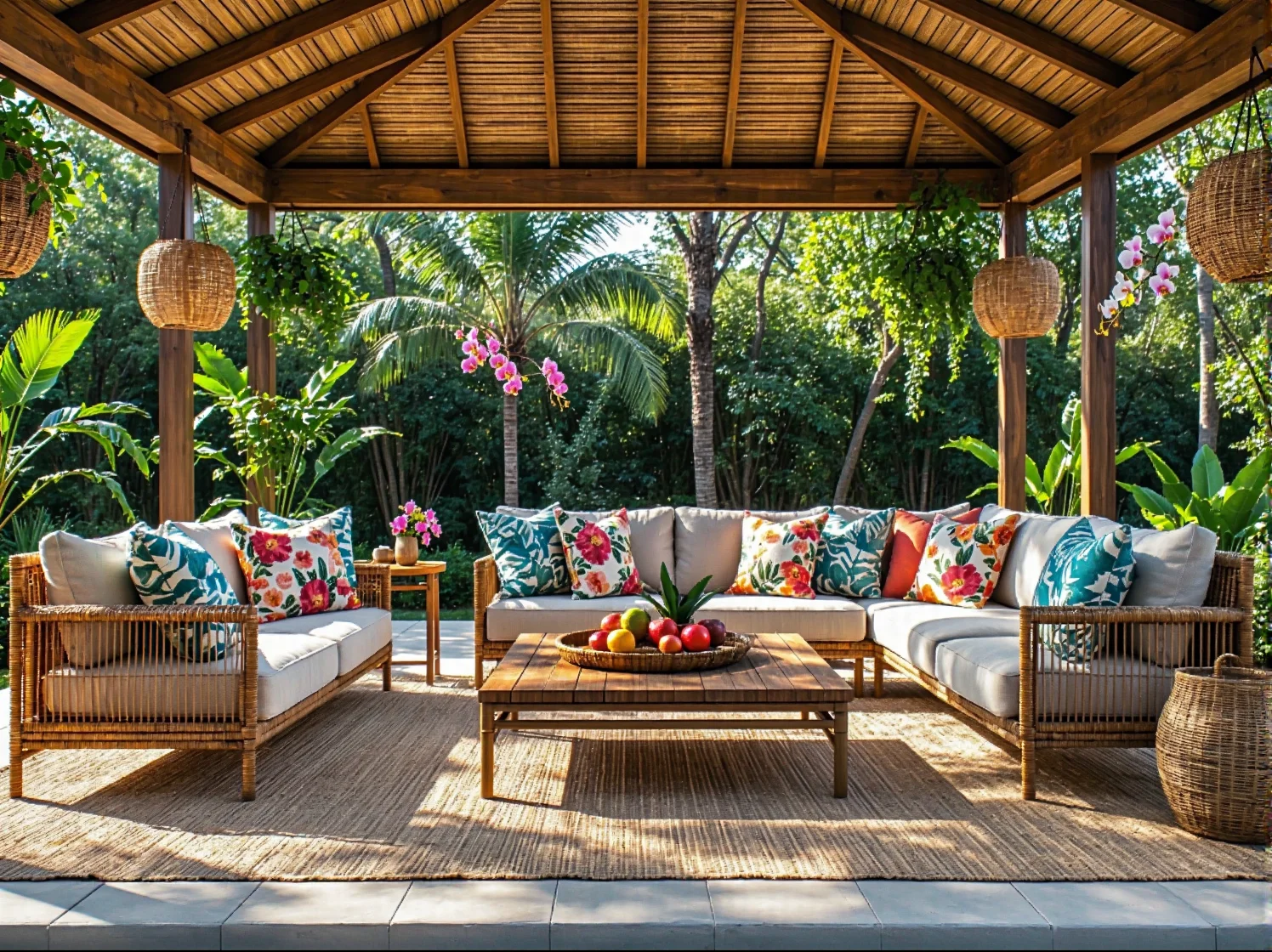 Zestaw mebli ogrodowych rattanowych z sofą i fotelami