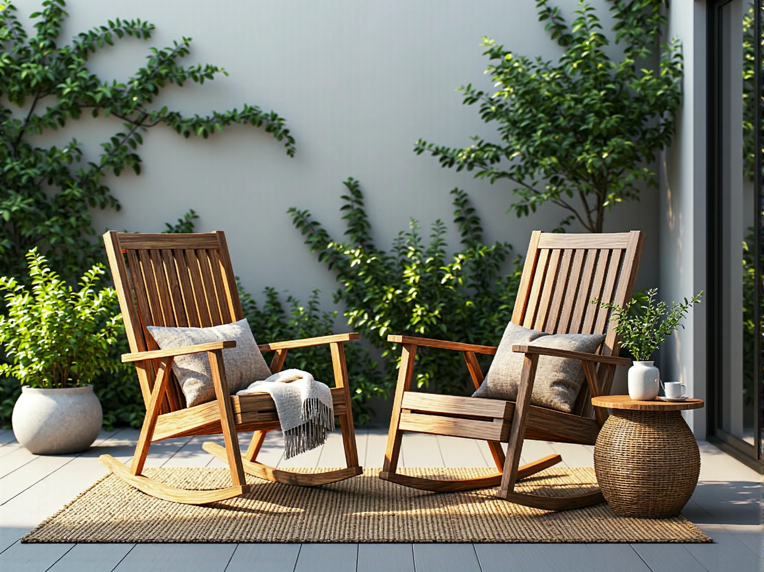 Nowoczesne meble bambusowe i rośliny doniczkowe w aranżacji zewnętrznej