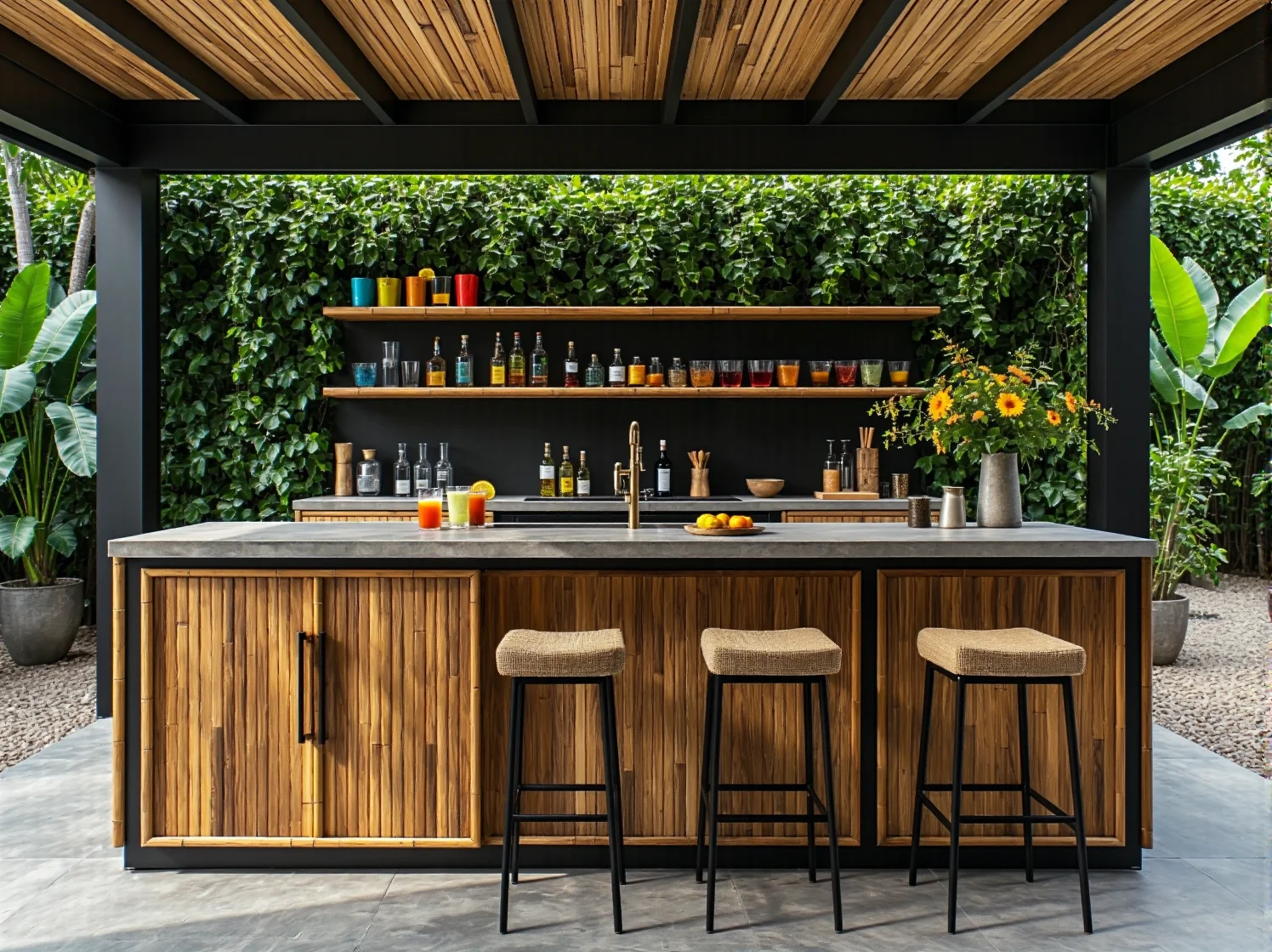 Bambusowy stolik kawowy i naturalne dekoracje w przytulnej aranżacji