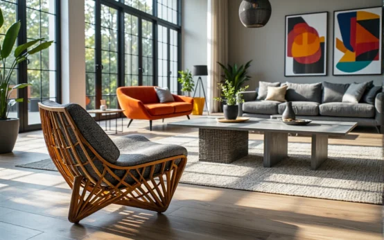 Designerski fotel z drewnianą ażurową ramą i szarą tapicerką