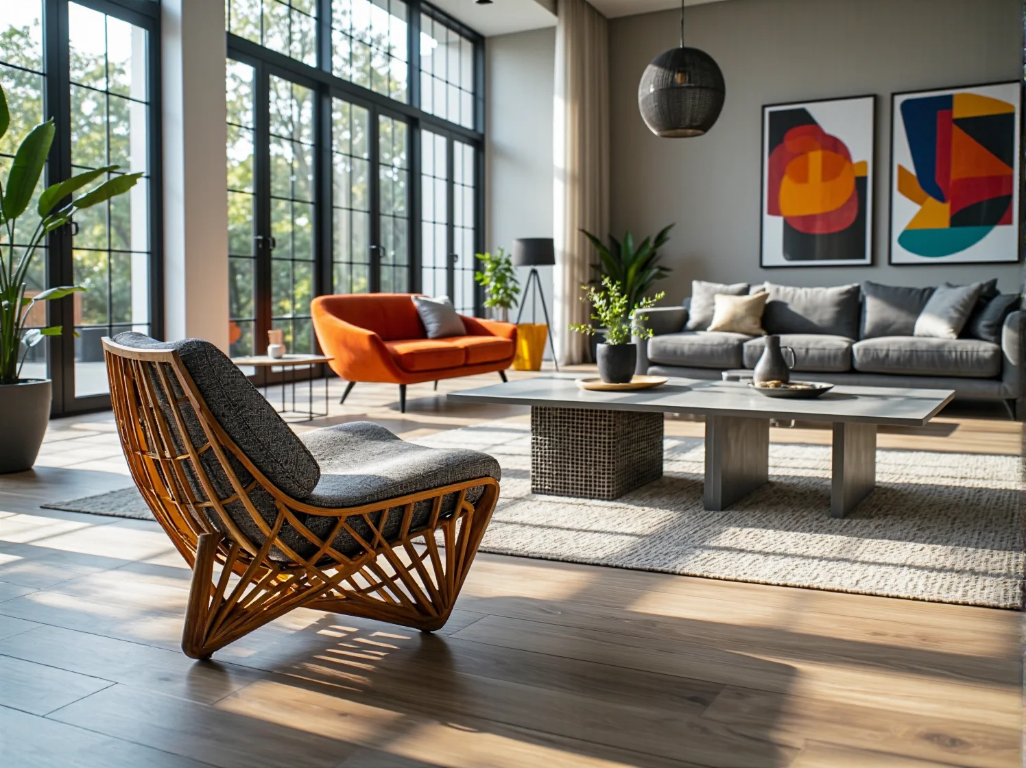 Designerski fotel z drewnianą ażurową ramą i szarą tapicerką