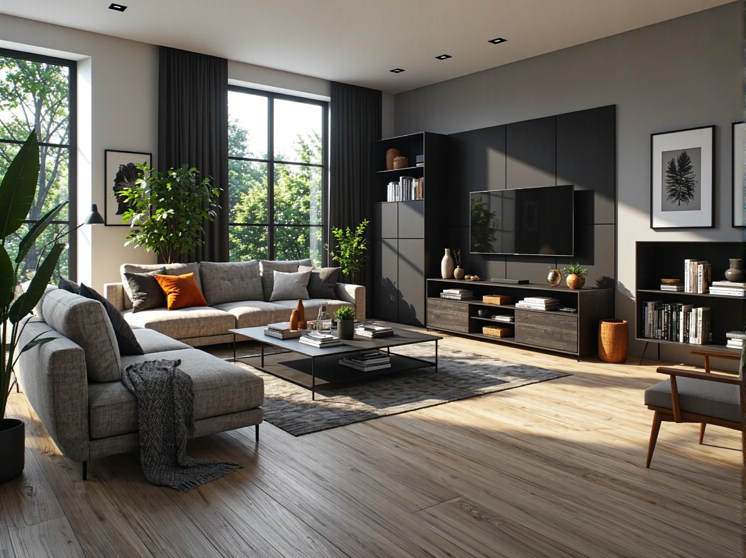 Meblościanka grafit z szafką RTV i otwartymi półkami na książki