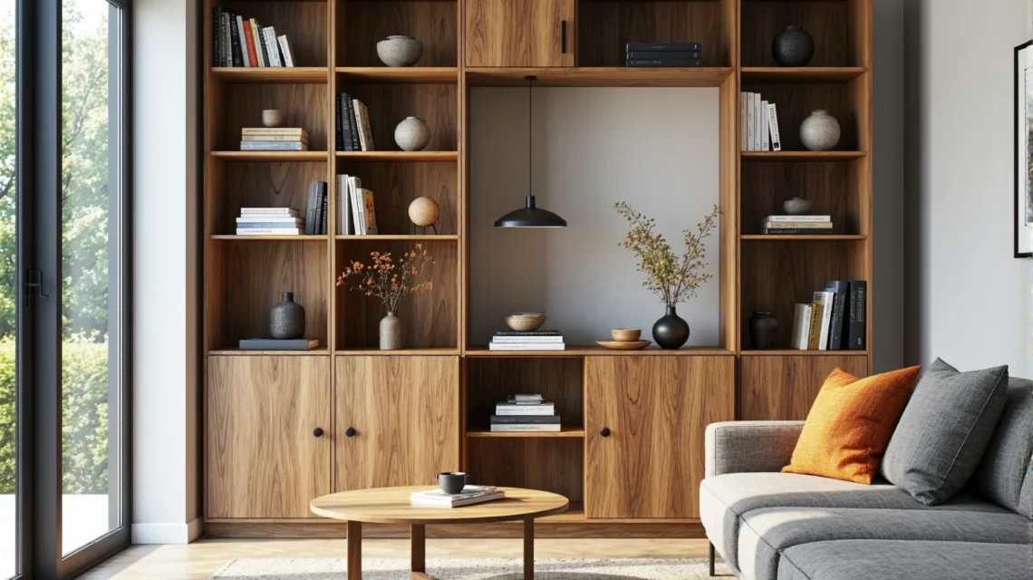 Regał ścienny orzech z otwartymi półkami i szafkami