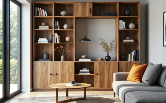 Regał ścienny orzech z otwartymi półkami i szafkami