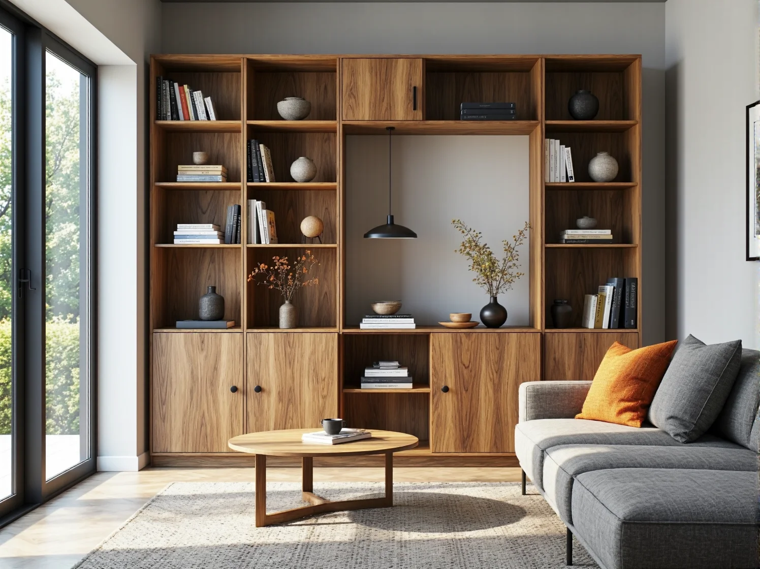 Regał ścienny orzech z otwartymi półkami i szafkami