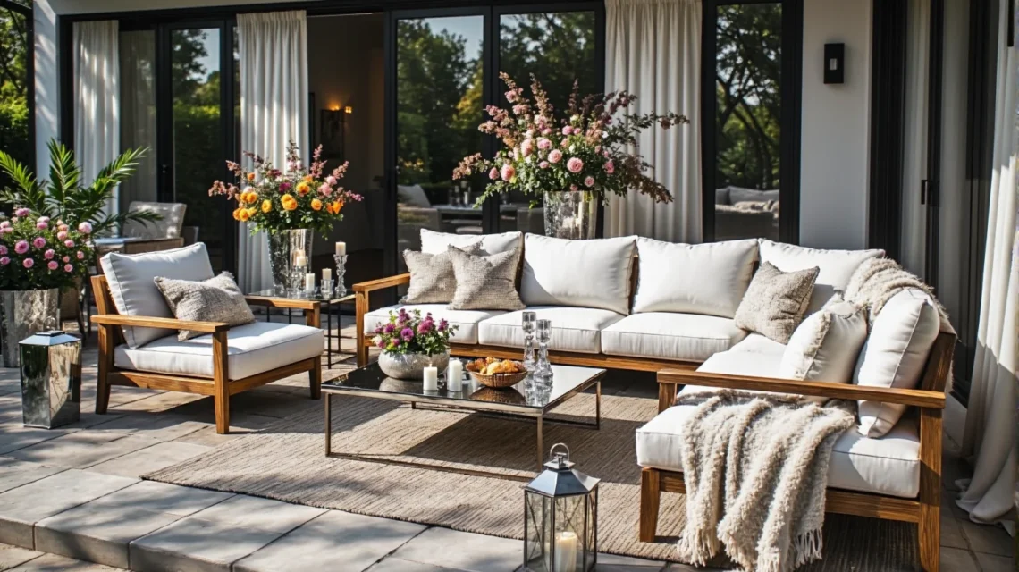 Zestaw mebli ogrodowych drewnianych z białymi poduszkami i stolikiem kawowym