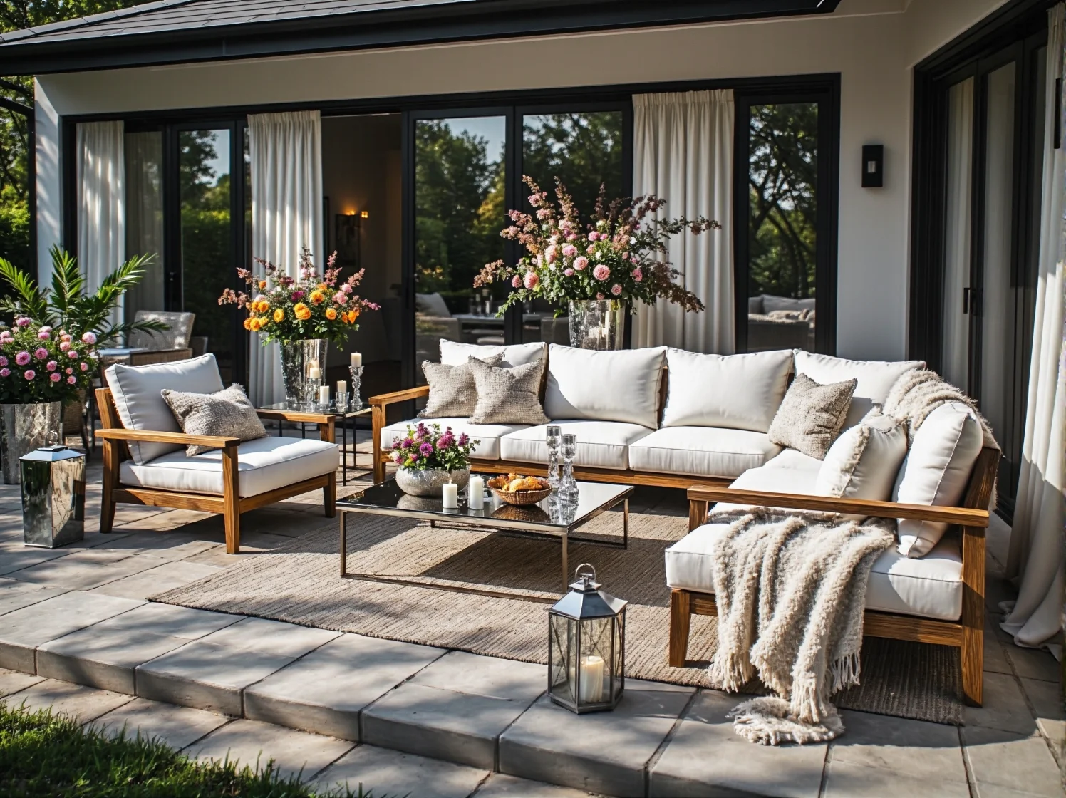 Zestaw mebli ogrodowych drewnianych z białymi poduszkami i stolikiem kawowym