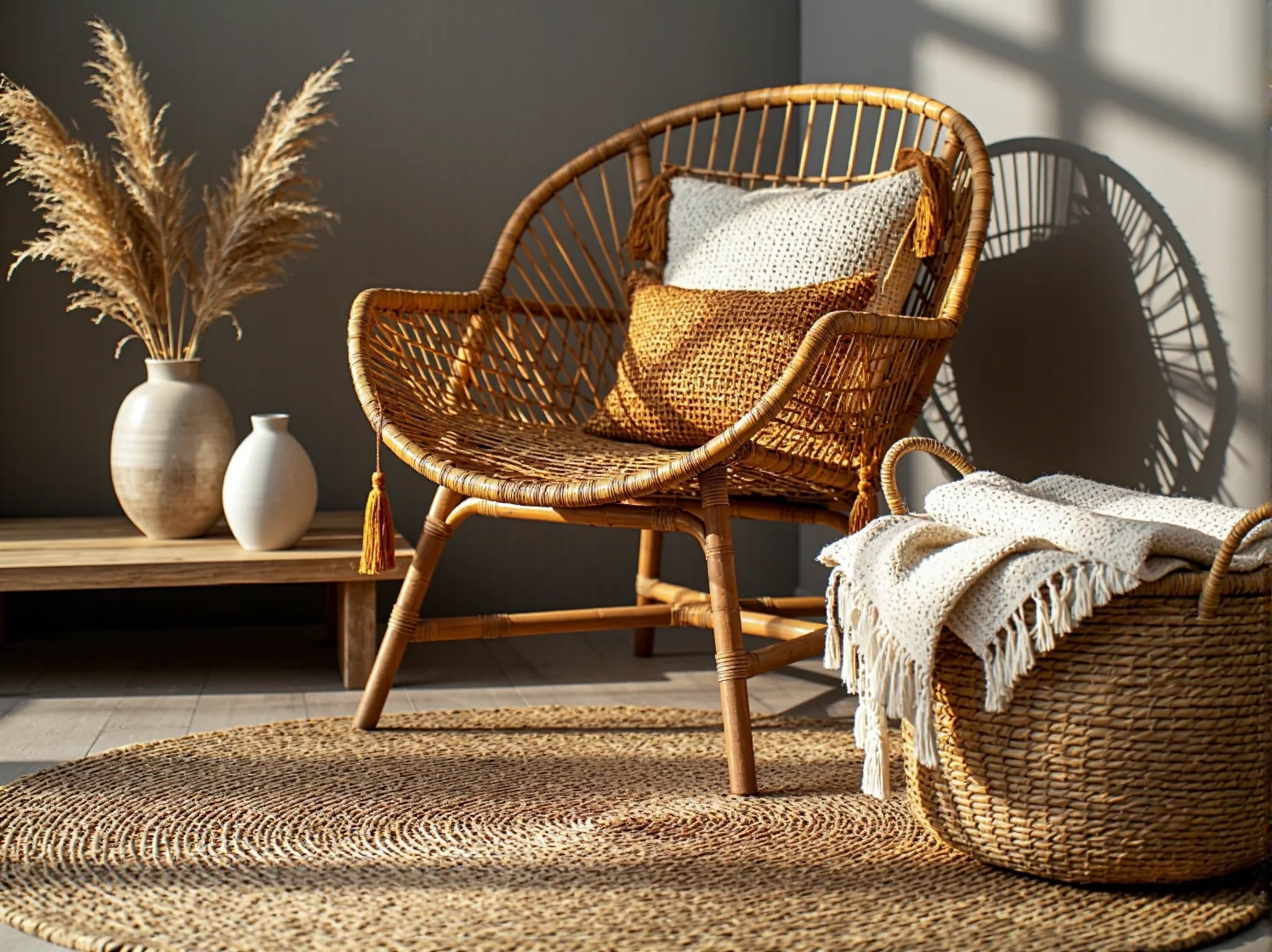 Rattanowy fotel i drewniane dodatki na tarasie urządzonym w naturalnym stylu.