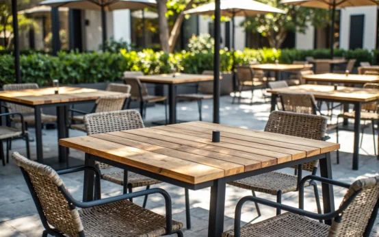 Zestaw ogrodowy stół drewniany z krzesłami ratanowymi na metalowej ramie