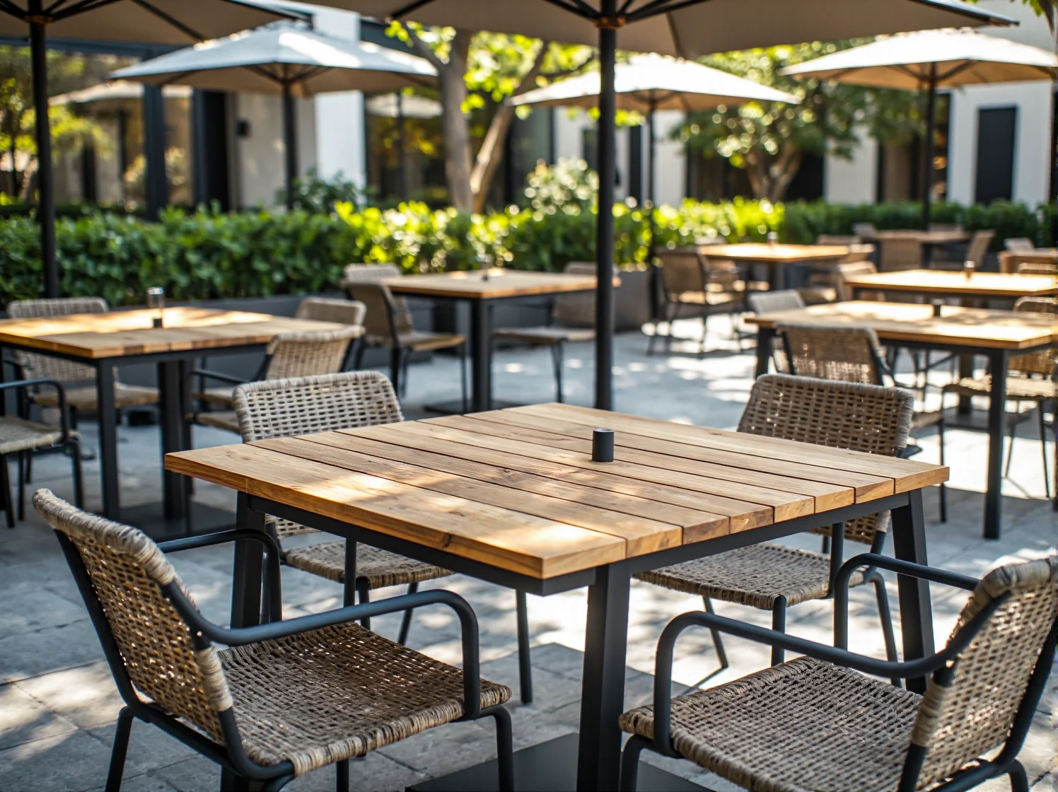 Zestaw ogrodowy stół drewniany z krzesłami ratanowymi na metalowej ramie
