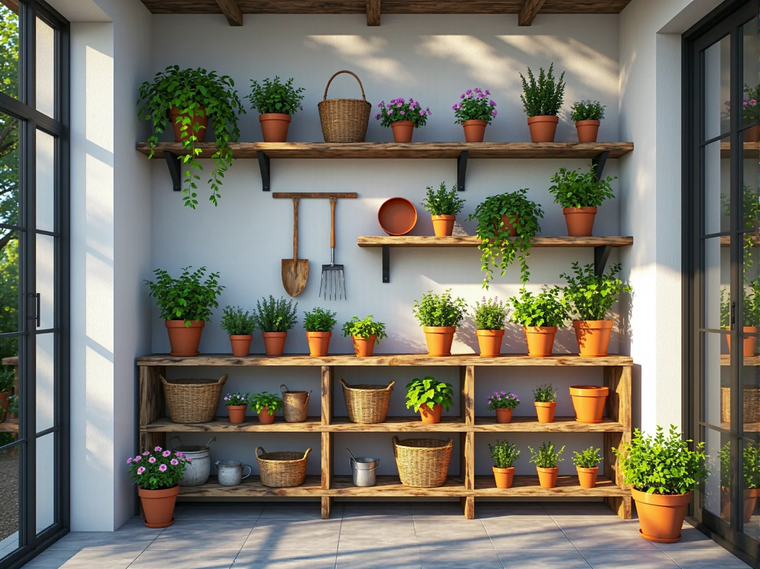 Metalowy stół ogrodowy z lampionami i lnianym obrusem w stylu sielskim