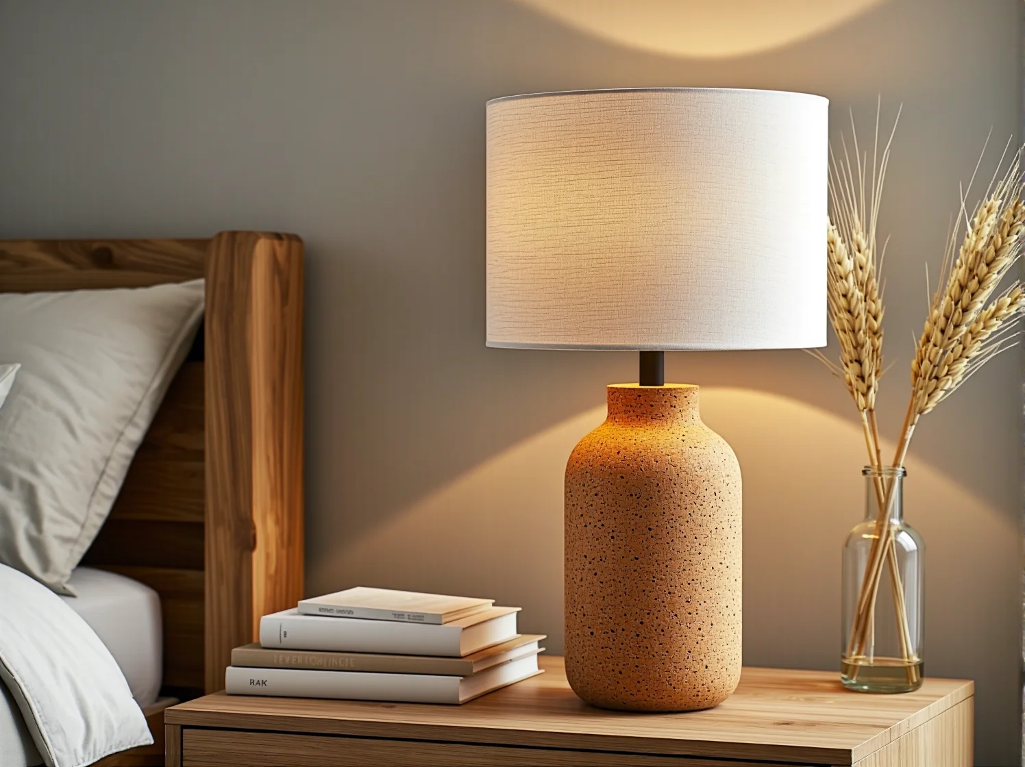 Minimalistyczna lampa podłogowa z drewnianą podstawą w stylu eco.