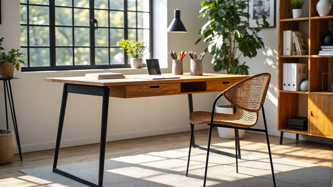 Nowoczesne biurko dębowe z szufladami na metalowych nogach