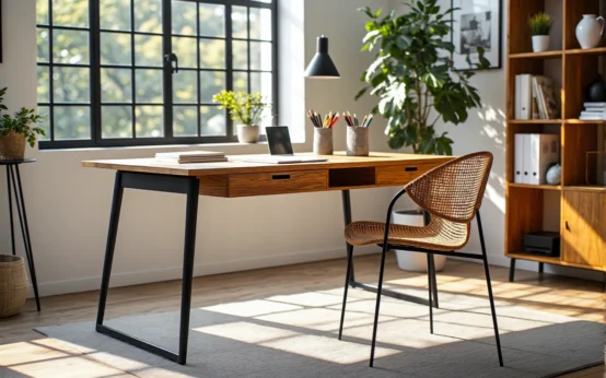 Nowoczesne biurko dębowe z szufladami na metalowych nogach