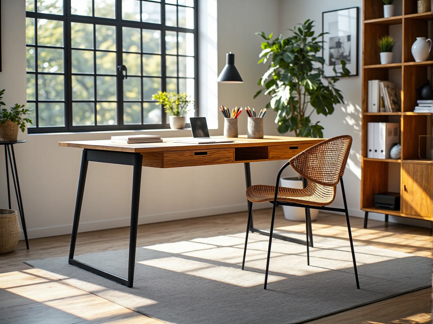 Nowoczesne biurko dębowe z szufladami na metalowych nogach