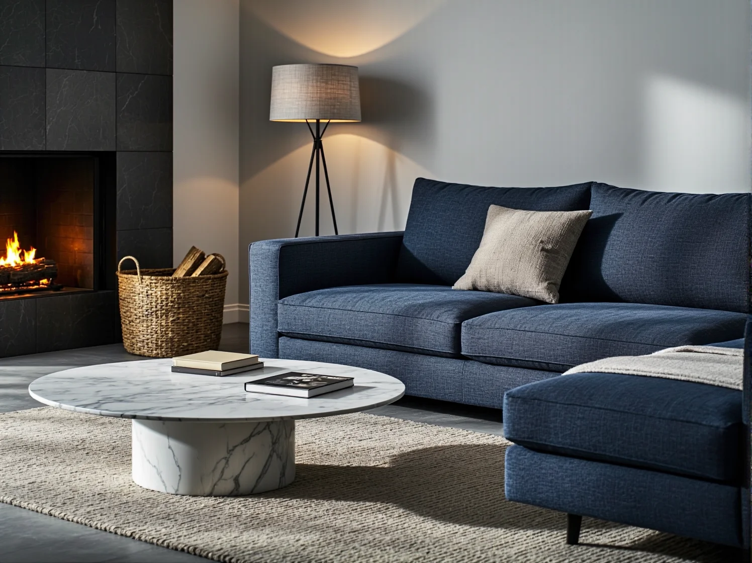 Modułowy narożnik szary w dużej strefie wypoczynkowej z tradycyjnym kominkiem.