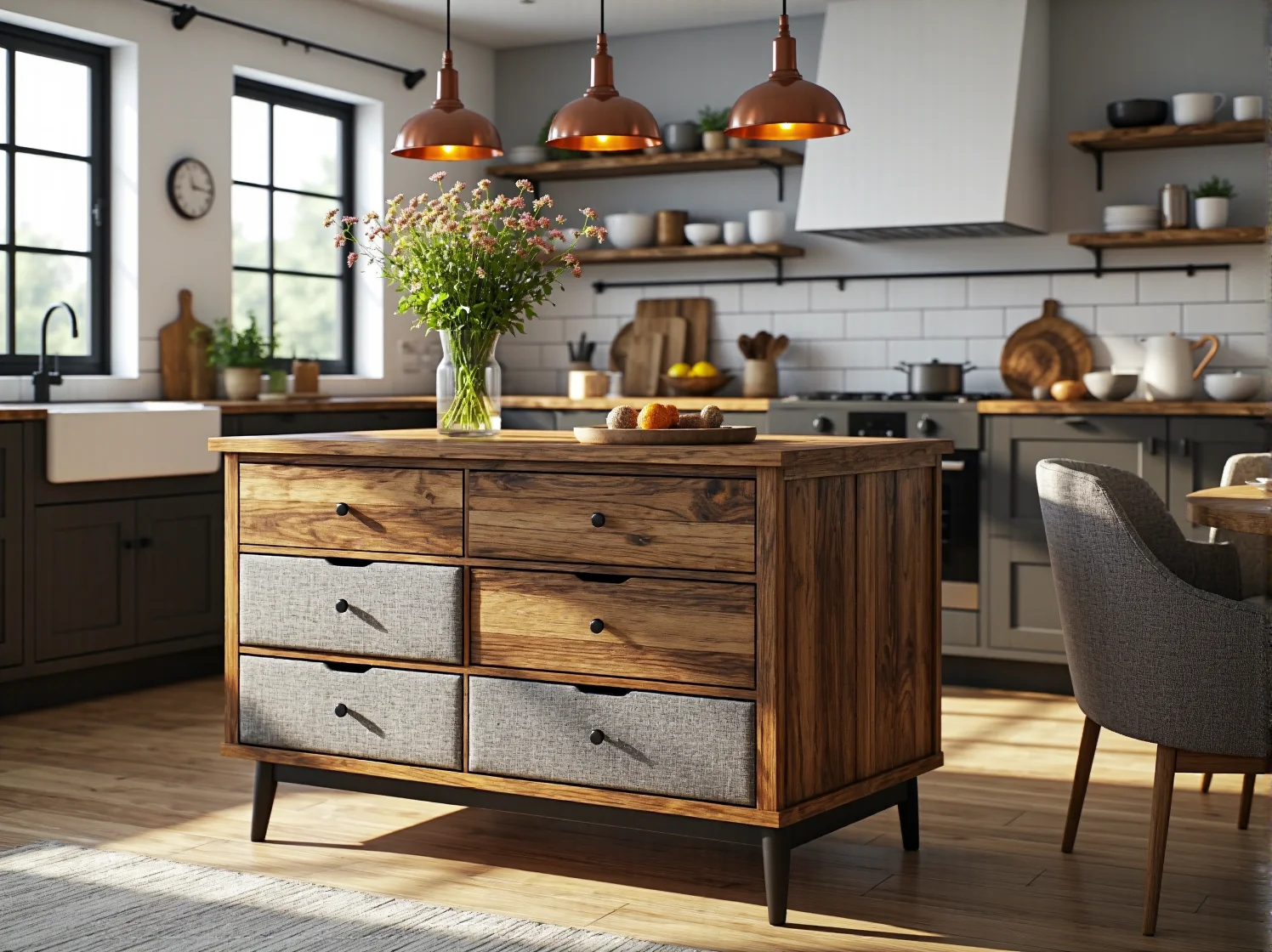 Montaż blatu dębowego na wyspie kuchennej DIY wykonanej z odnowionej komody