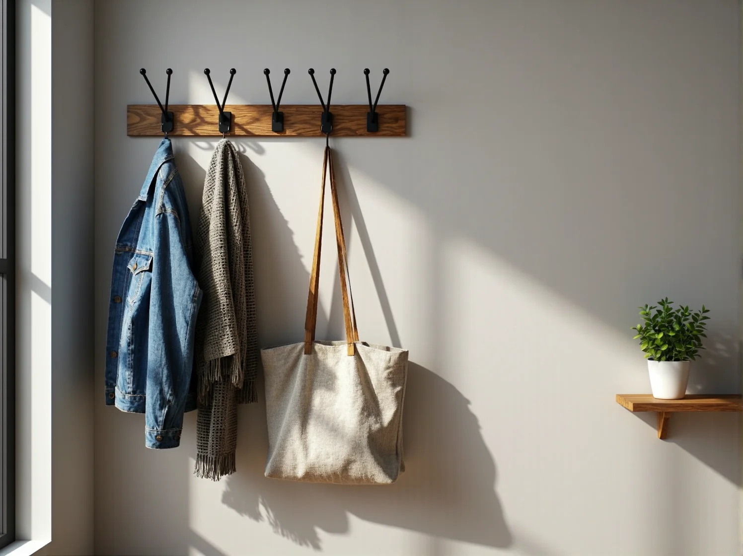 Mężczyzna przykręcający pionowe listwy drewniane do ściany podczas budowy wieszaka krok po kroku.