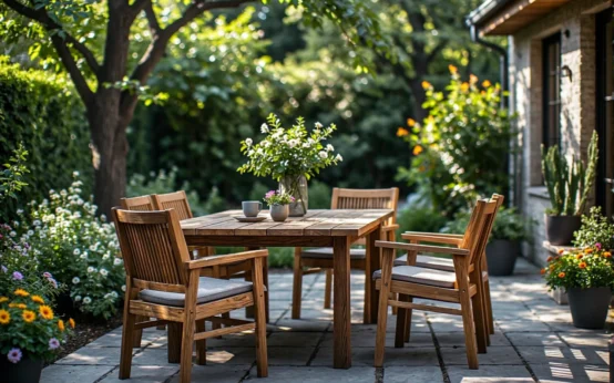 Drewniany zestaw ogrodowy stół z czterema krzesłami z poduszkami