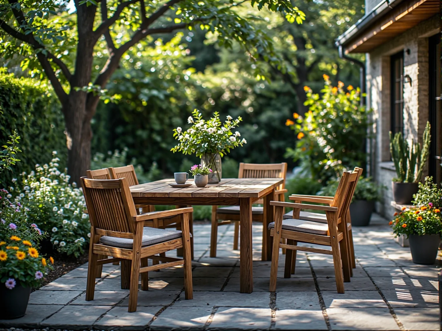 Drewniany zestaw ogrodowy stół z czterema krzesłami z poduszkami