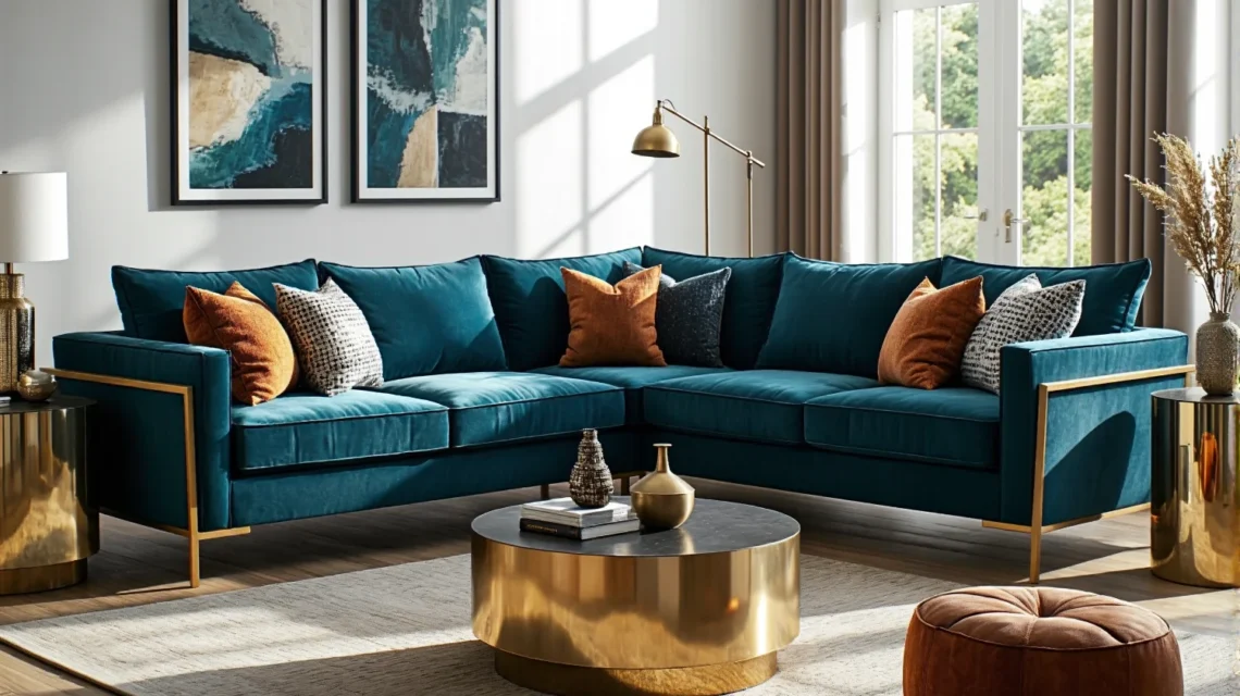 Narożnik glamour butelkowa zieleń ze złotą ramą i poduszkami