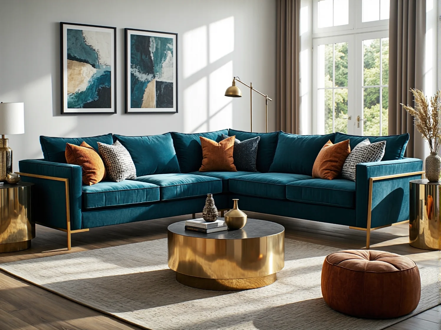 Narożnik glamour butelkowa zieleń ze złotą ramą i poduszkami