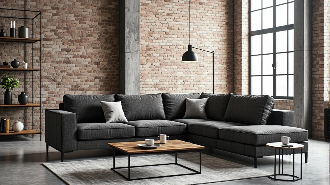 Narożnik tapicerowany grafitowy na metalowych nóżkach w stylu loft