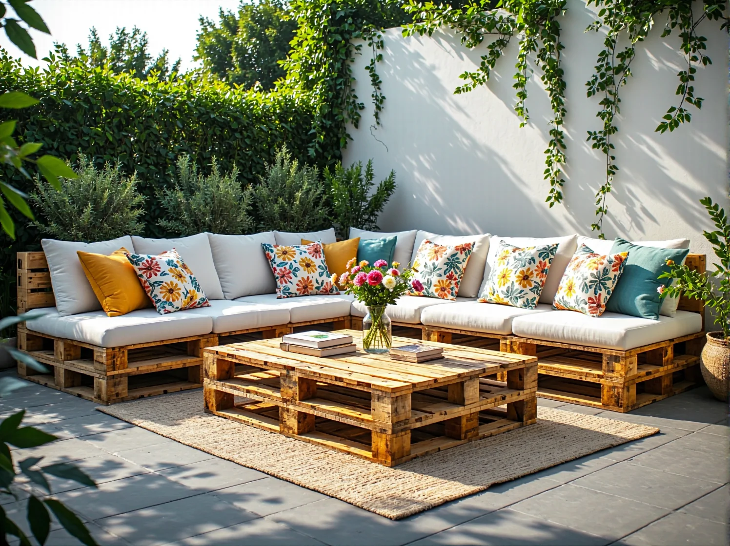Narożnik ogrodowy z palet z szarymi poduszkami i stolikiem kawowym