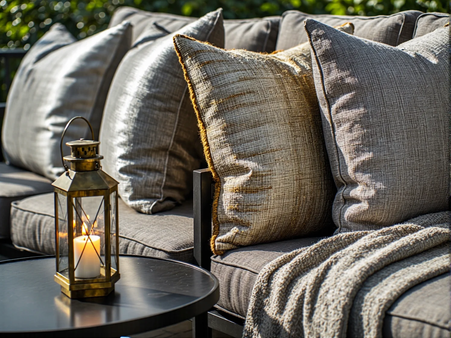 Nowoczesna lampa elewacyjna w złotym kolorze, oświetlająca ścianę domu i dodająca tarasowi nuty stylu glamour.