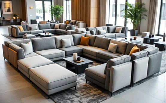 Nowoczesna sofa modułowa szara z poduszkami i pufą