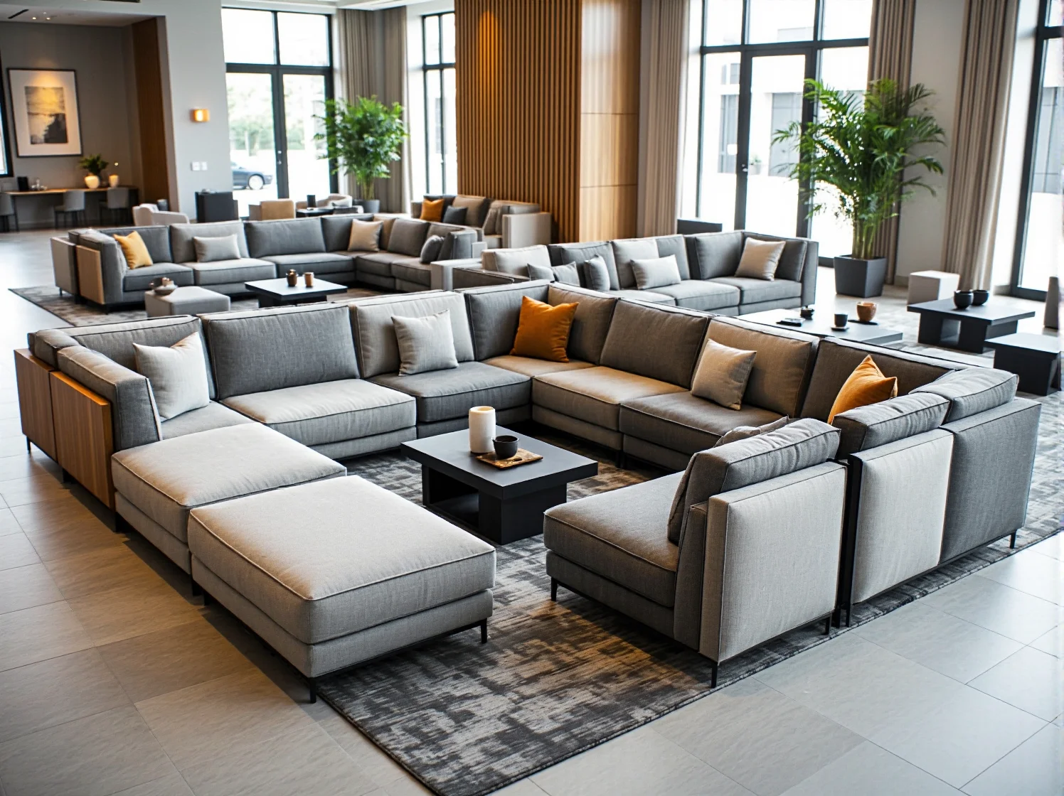 Nowoczesna sofa modułowa szara z poduszkami i pufą