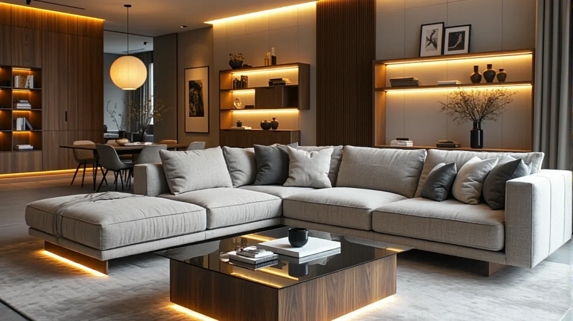 Nowoczesna meblościanka orzech z podświetlanymi półkami LED