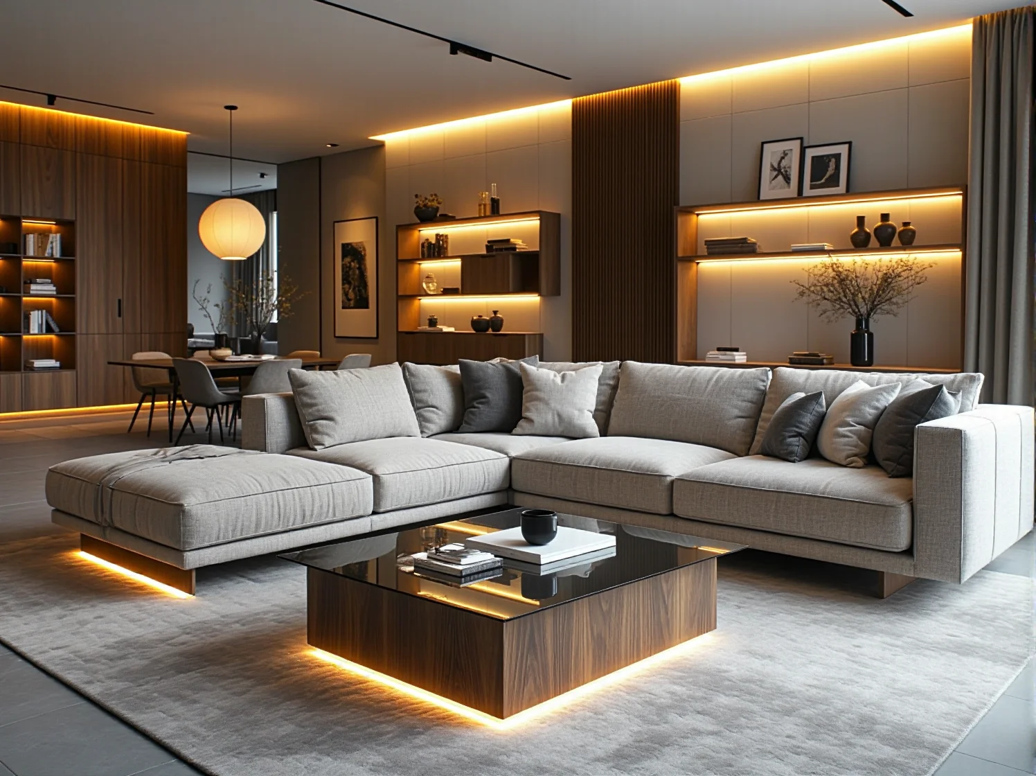 Nowoczesna meblościanka orzech z podświetlanymi półkami LED